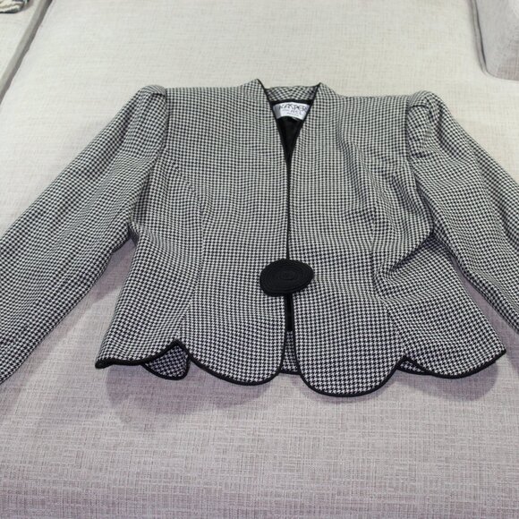 Vintage 80s Kasper Size 10 Houndstooth Scalloped Hem Large Button Blazer - Picture 1 of 6